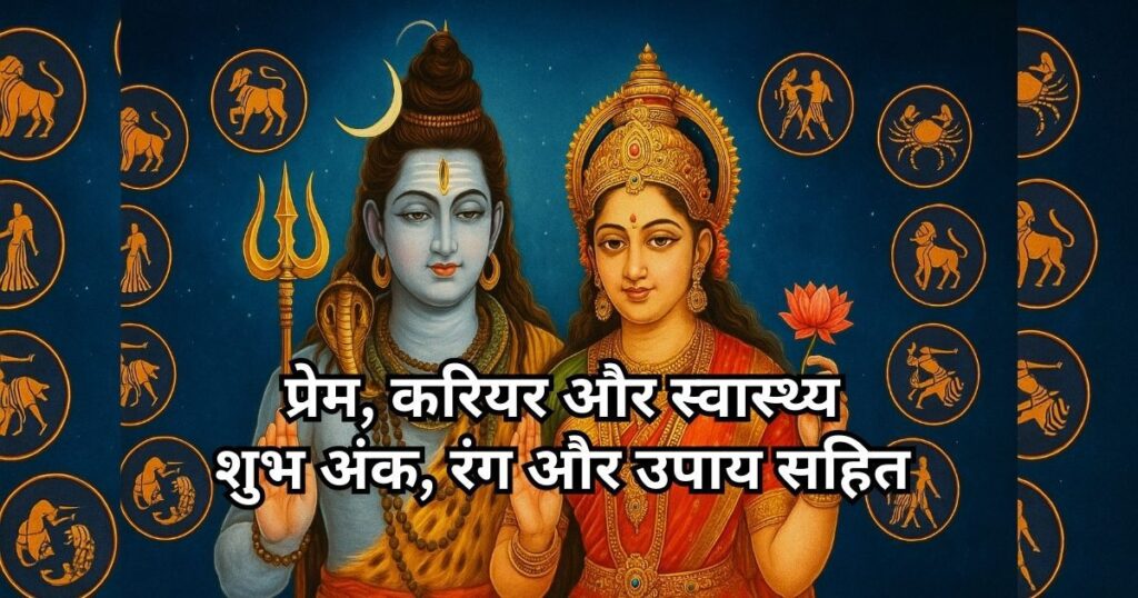 26 अप्रैल 2025 का राशिफल थंबनेल जिसमें भगवान शिव, माता पार्वती और 12 राशियों के चिन्ह हैं