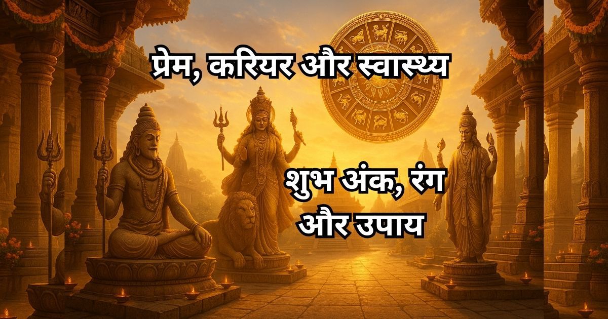 27 अप्रैल 2025 का राशिफल का थंबनेल, जिसमें भारतीय देवताओं और 12 राशियों के पारंपरिक प्रतीक एक मंदिर परिसर में दिखाए गए हैं