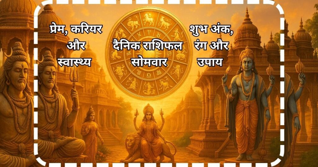 28 अप्रैल 2025 का राशिफल थंबनेल, जिसमें भगवान शिव, दुर्गा माता और विष्णुजी के साथ भारतीय मंदिर परिसर में 12 राशियों के पारंपरिक चिह्न दर्शाए गए हैं