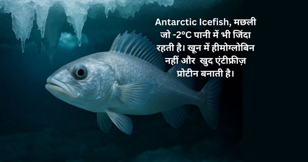 An Antarctic Icefish swimming below icy waters with icicles above