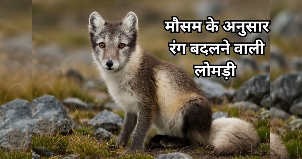 Arctic Fox with white fur in winter and brown fur in summer standing on tundra