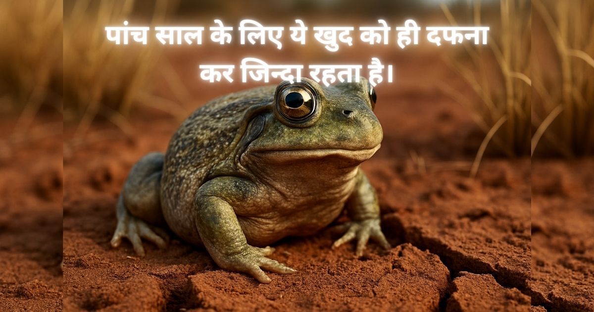 Close-up of Australian Water-Holding Frog sitting on dry cracked soil in Australian desert