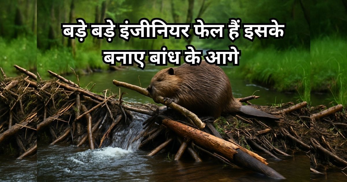 A beaver constructing a strong dam with logs and mud across a flowing river in a forest