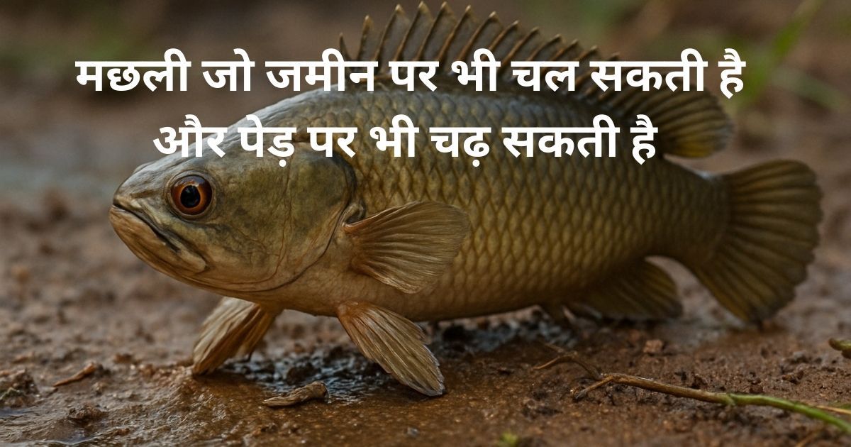A climbing perch fish walking on muddy ground with fins