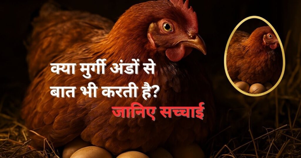 अंडों पर बैठी मुर्गी का क्लोजअप