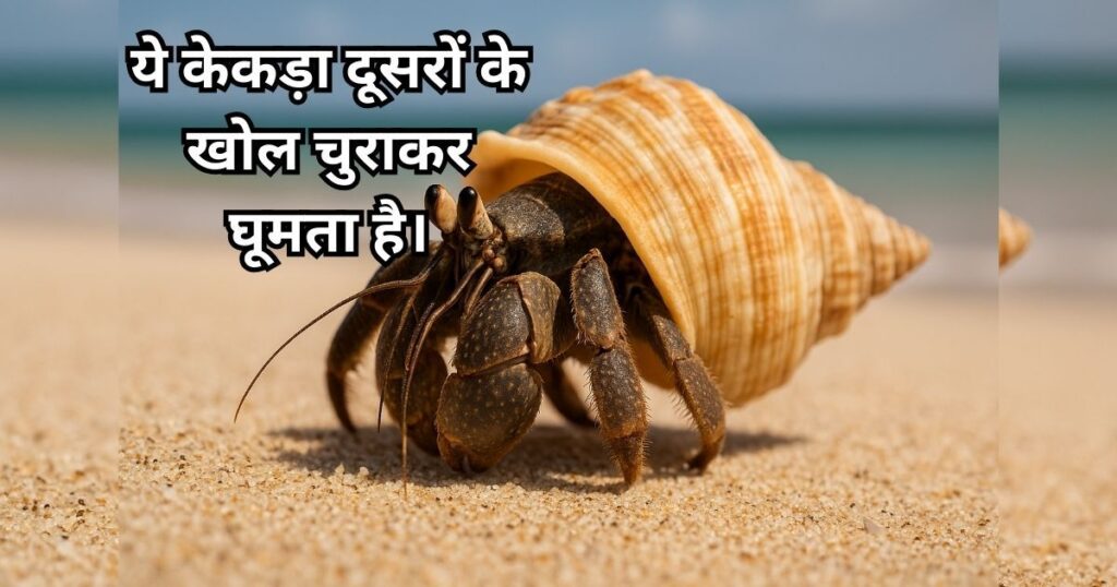 Hermit crab sitting in a large snail shell on a sandy beach
