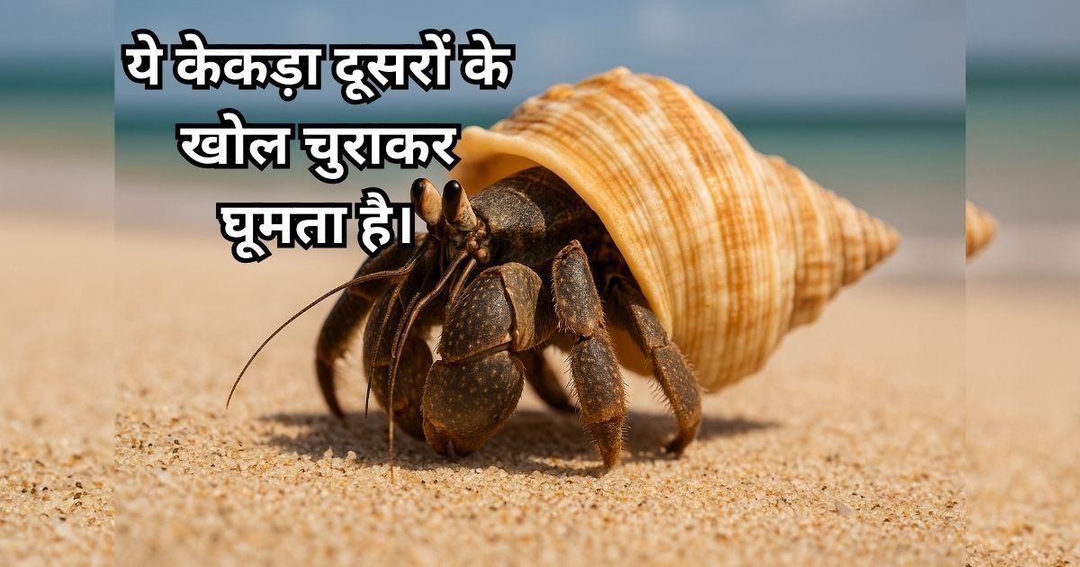 Hermit crab sitting in a large snail shell on a sandy beach