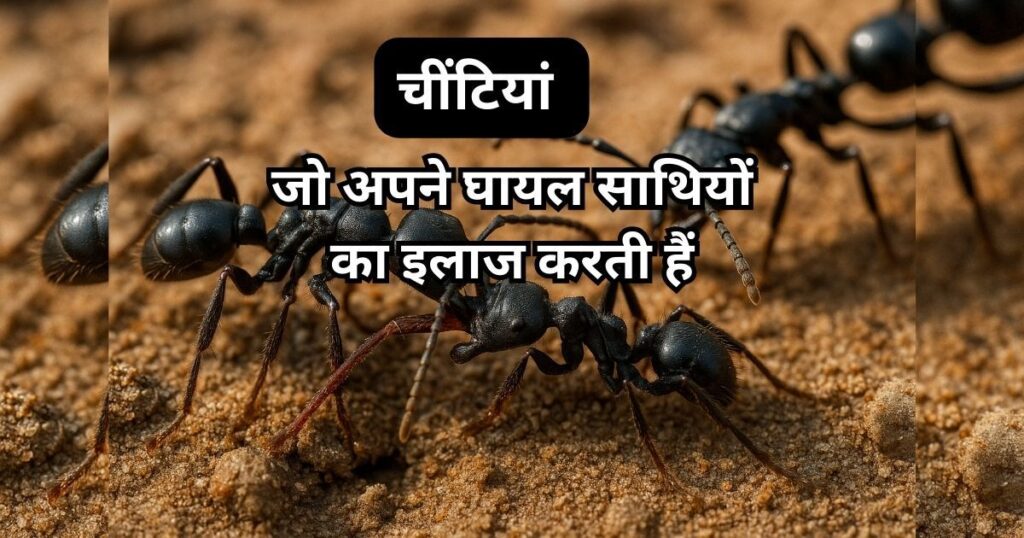 Four Matabele ants carrying an injured ant through dry forest floor