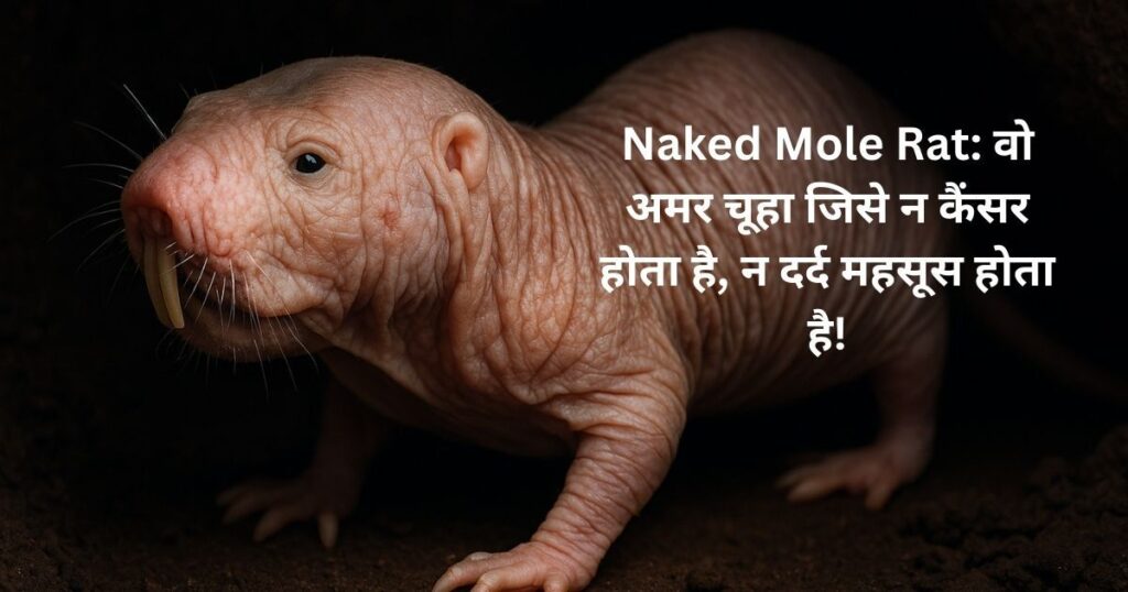Naked Mole Rat का क्लोज़अप जिसमें इसकी झुर्रीदार त्वचा दिख रही है