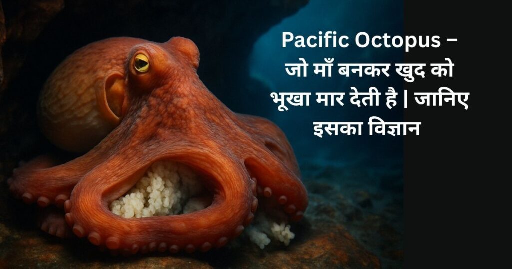 A Pacific Octopus curled around her eggs in a deep underwater cave