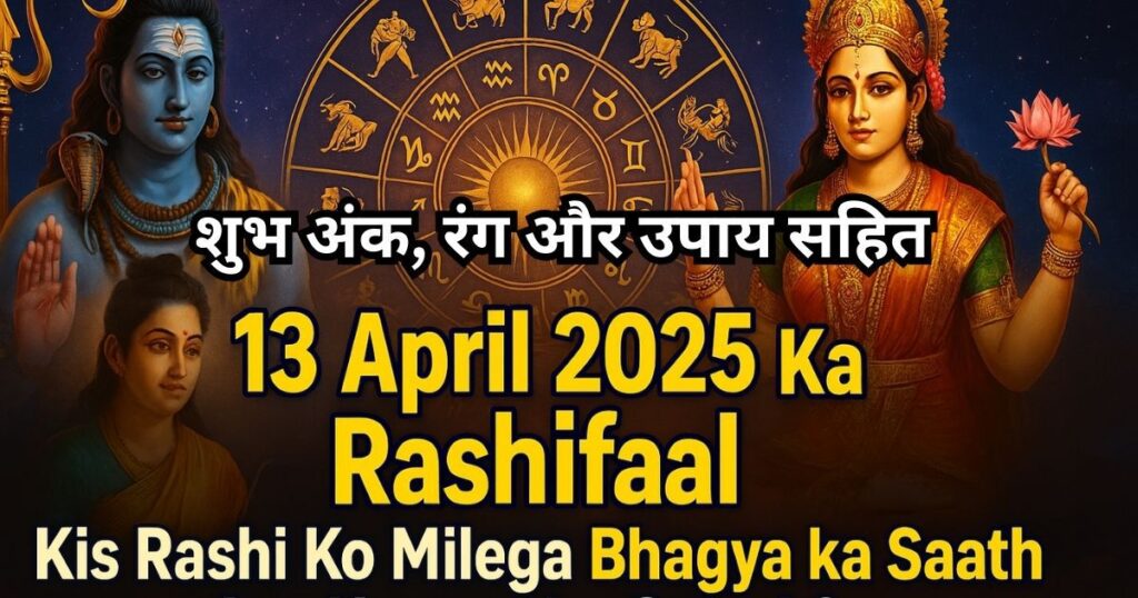 13 अप्रैल 2025 का राशिफल थम्बनेल जिसमें देवी-देवता और राशियाँ हैं