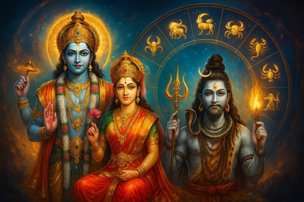 2 मई 2025 का राशिफल थम्बनेल – भगवान विष्णु, लक्ष्मी, शिव और राशियों के चिह्न