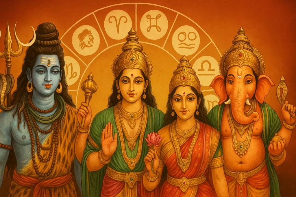 28 मई 2025 का राशिफल थम्बनेल जिसमें चार भारतीय देवी-देवता और बारह राशियों के अक्षर व चिन्ह दर्शाए गए हैं