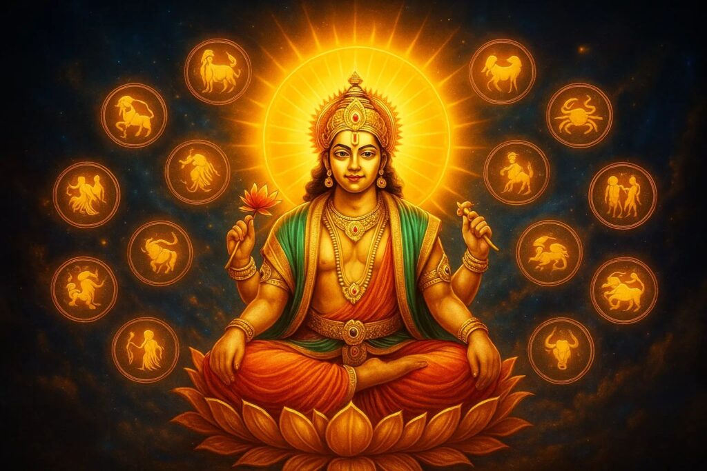 4 मई 2025 का राशिफल थम्बनेल – सूर्यदेव और 12 राशियों के प्रतीक