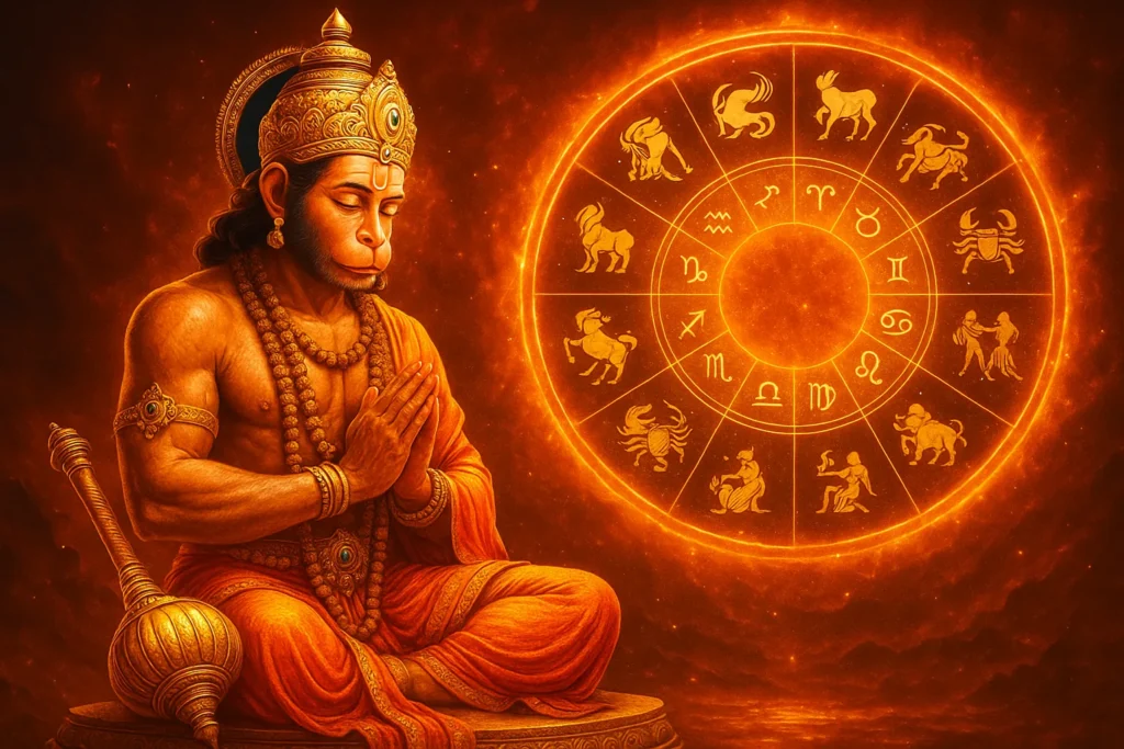 6 मई 2025 का राशिफल थम्बनेल – हनुमान जी और 12 राशियों के प्रतीक