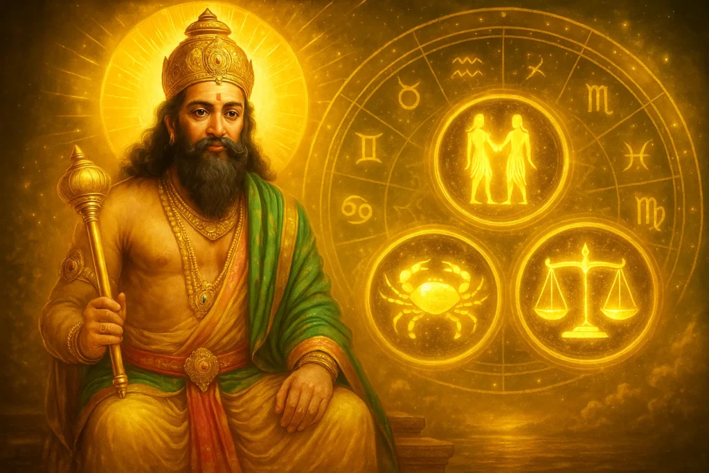 8 मई 2025 का राशिफल थम्बनेल – बृहस्पति देव और 12 राशियों के प्रतीक