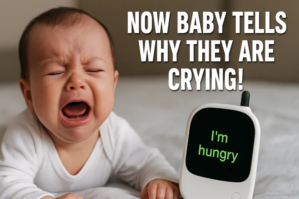 A close-up of a crying baby next to a smart AI baby cry translator device displaying an emotion alert