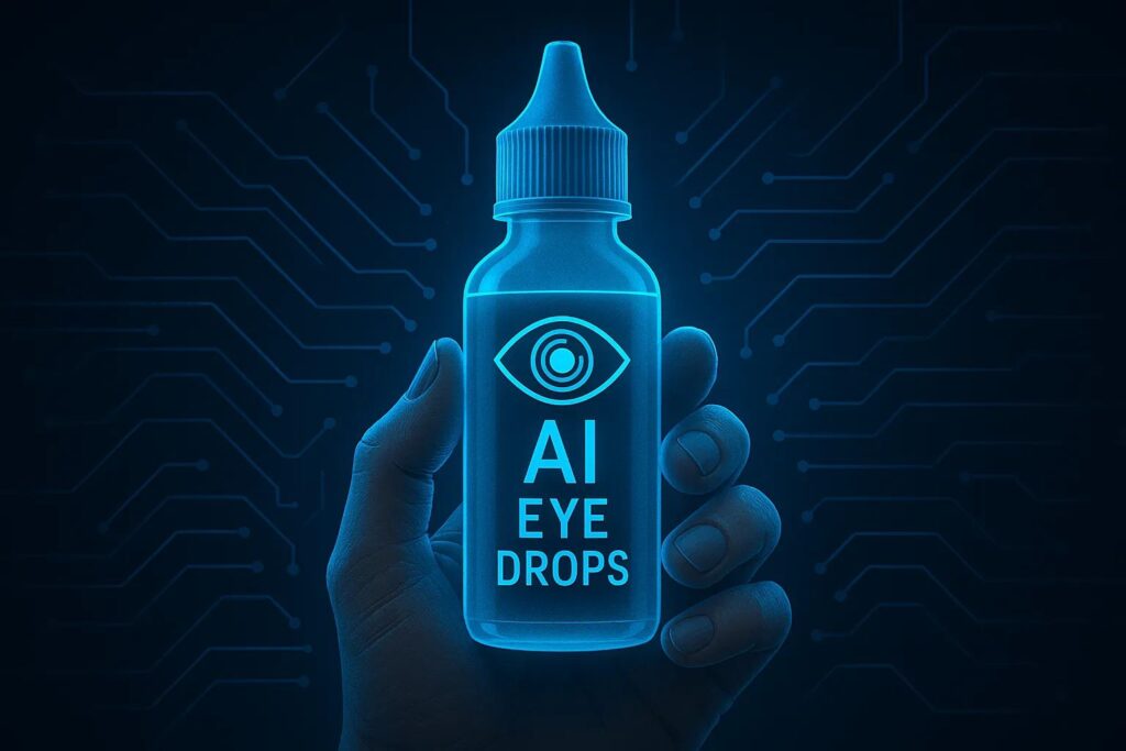 A futuristic AI eye drops bottle scanning glucose levels from eye tear fluid