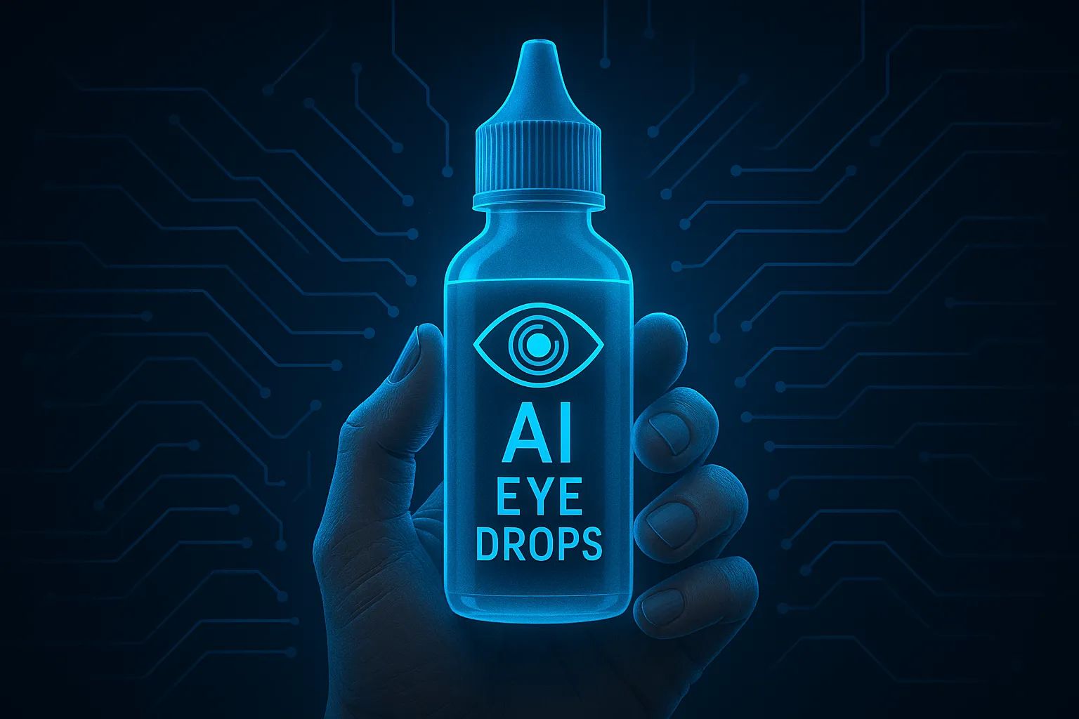 A futuristic AI eye drops bottle scanning glucose levels from eye tear fluid