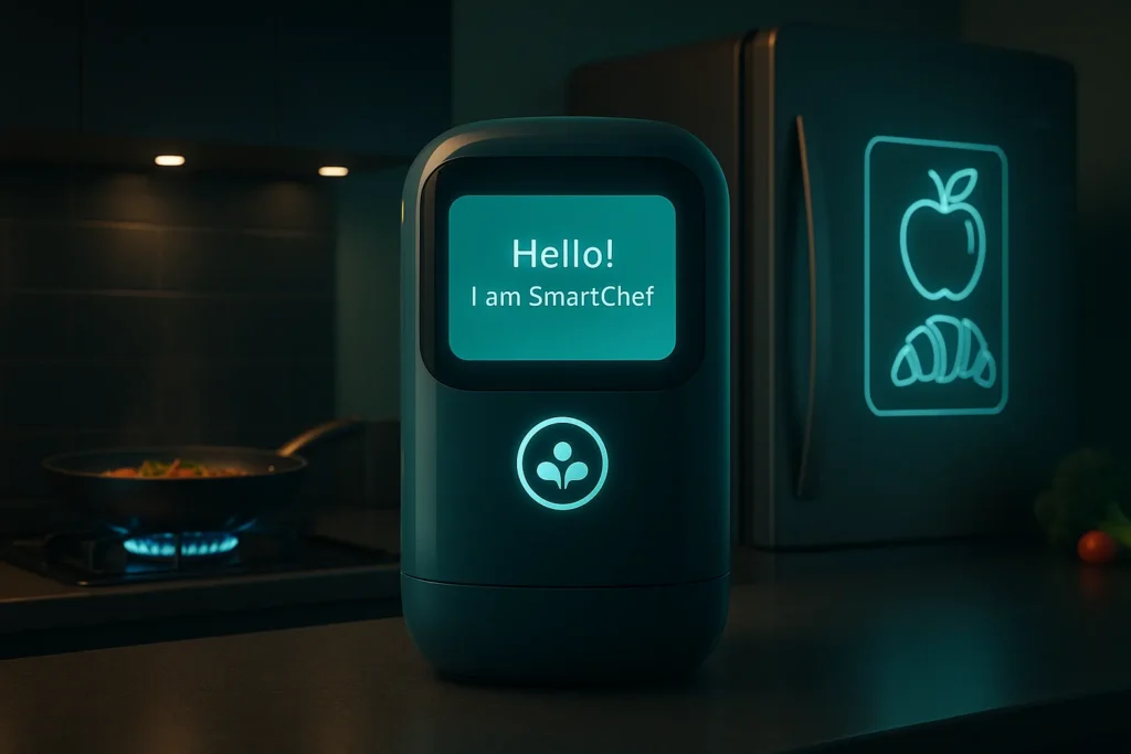 फ्यूचरिस्टिक AI किचन असिस्टेंट 2025 का 3D लुक