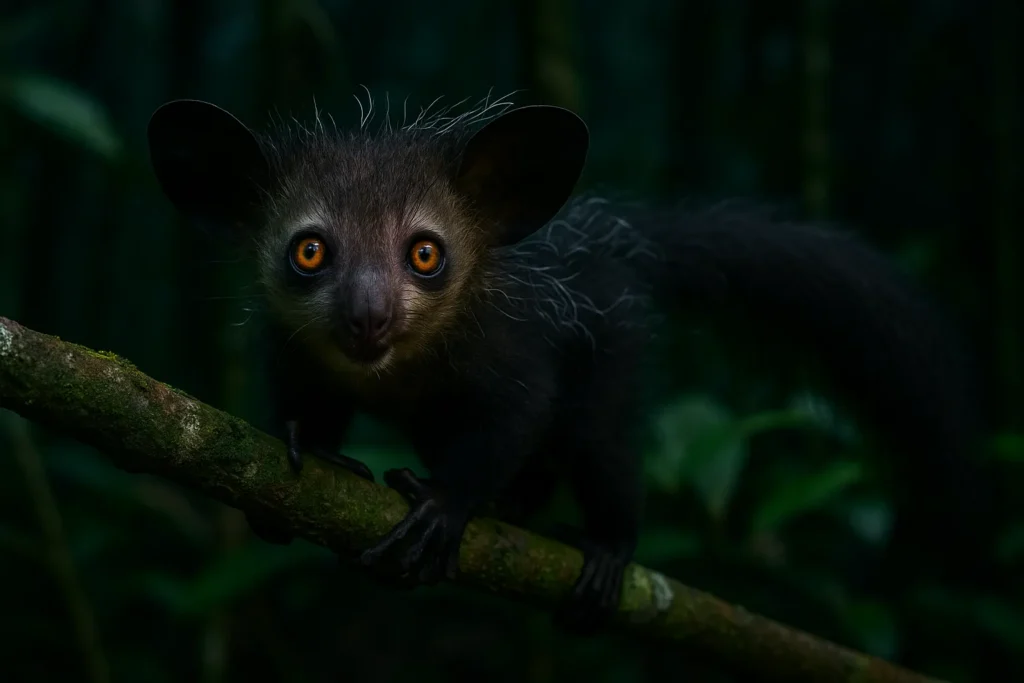 An Aye-Aye perched on a tree branch at night with glowing eyes and a long finger