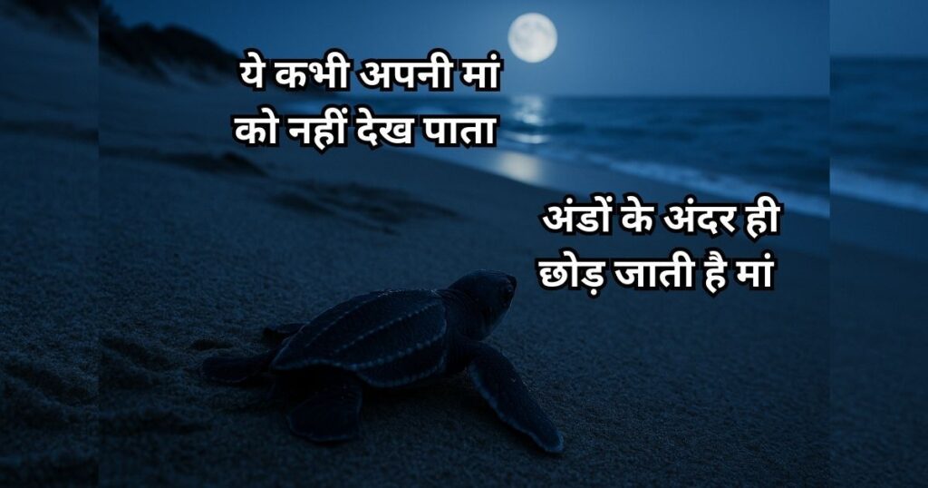 A newborn leatherback sea turtle crawling toward the ocean under moonlight