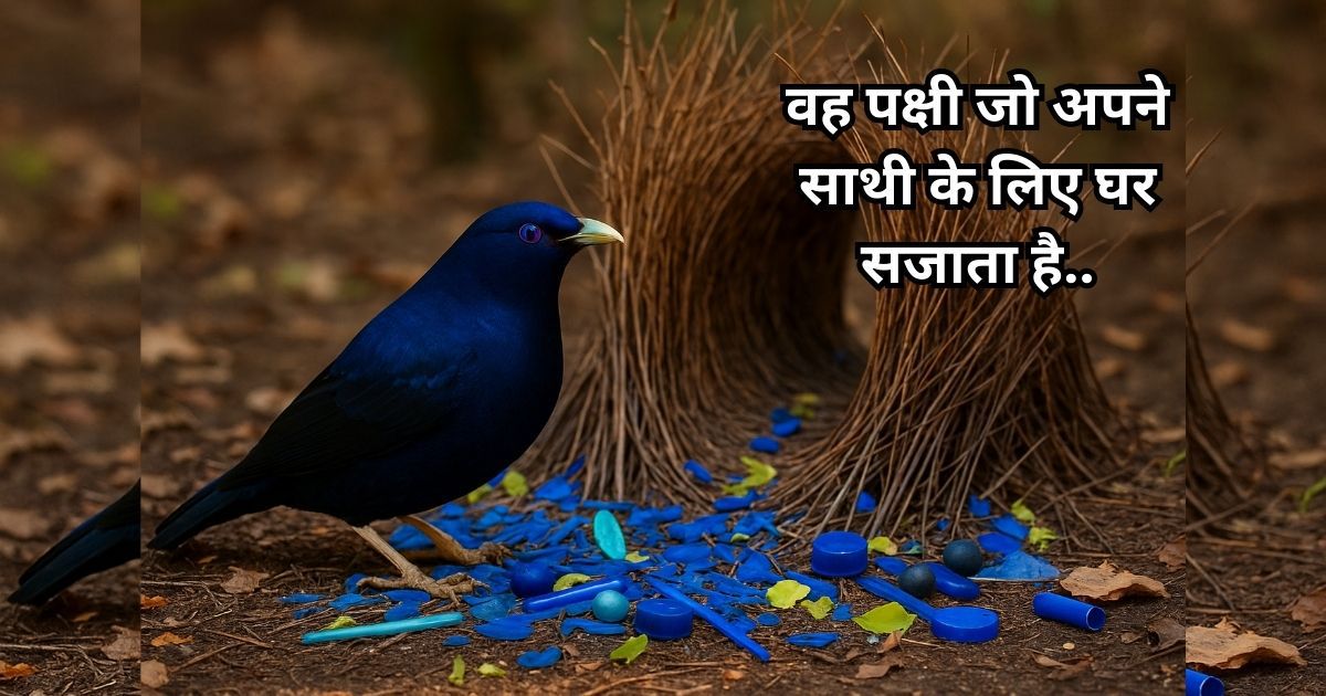 A Bowerbird standing proudly beside a colorful and symmetrical bower