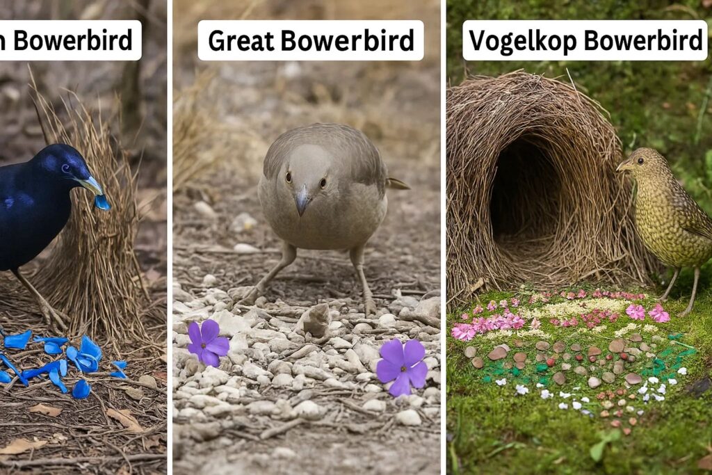 A composite image showing different bower styles of Satin, Great, and Vogelkop Bowerbirds