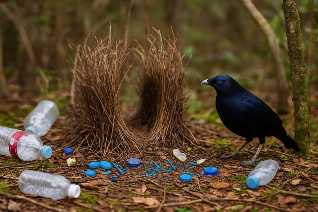 A Bowerbird trying to build a bower using human waste and plastic