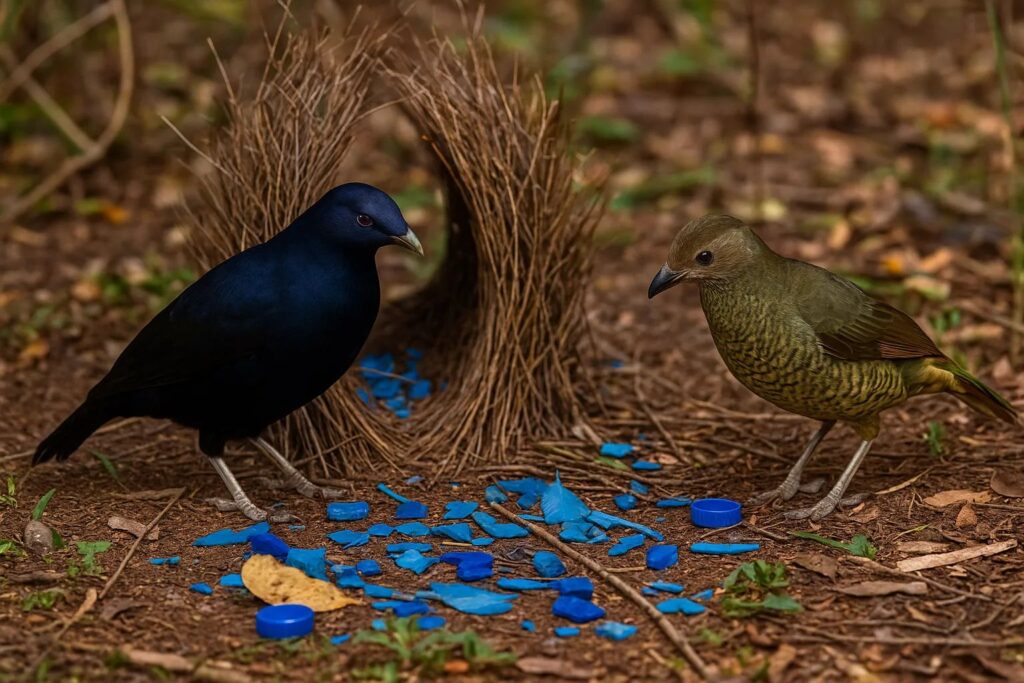 Female Bowerbird closely observing the decorative arrangement of a bower