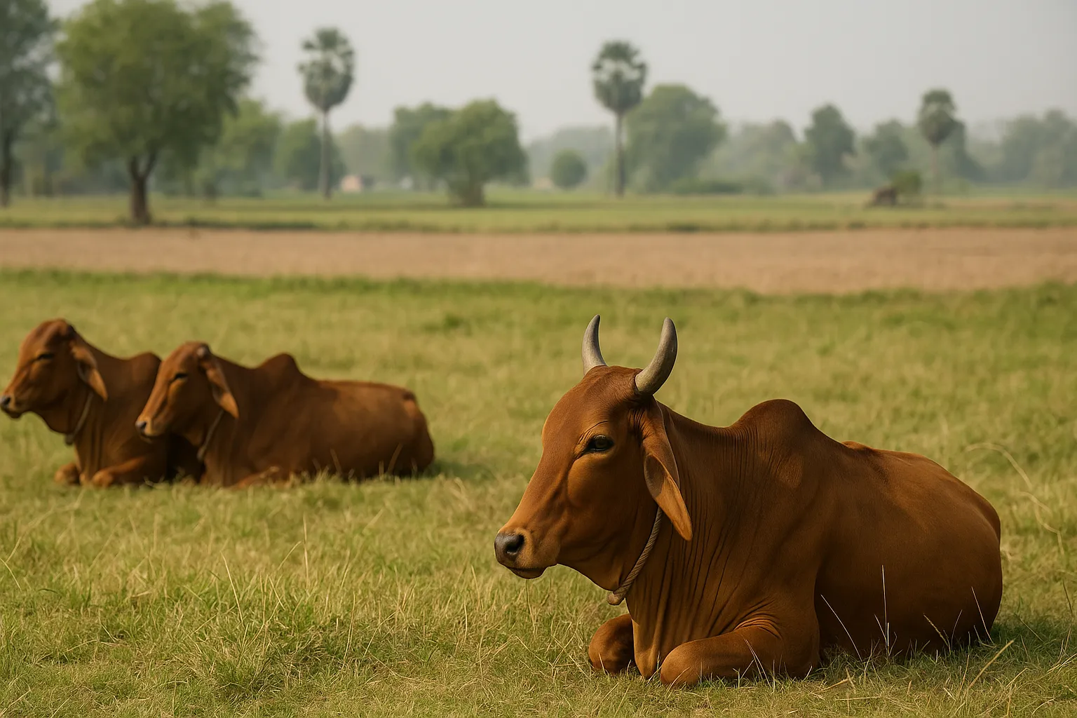 गाय को दिशा का बोध: उत्तर दिशा की ओर बैठी तीन देसी गायें, हरे खेत में
