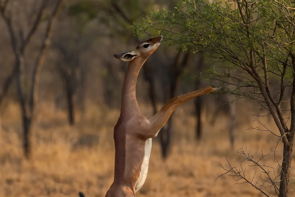 A Gerenuk standing upright on its hind legs, stretching its long neck to eat leaves from a high branch