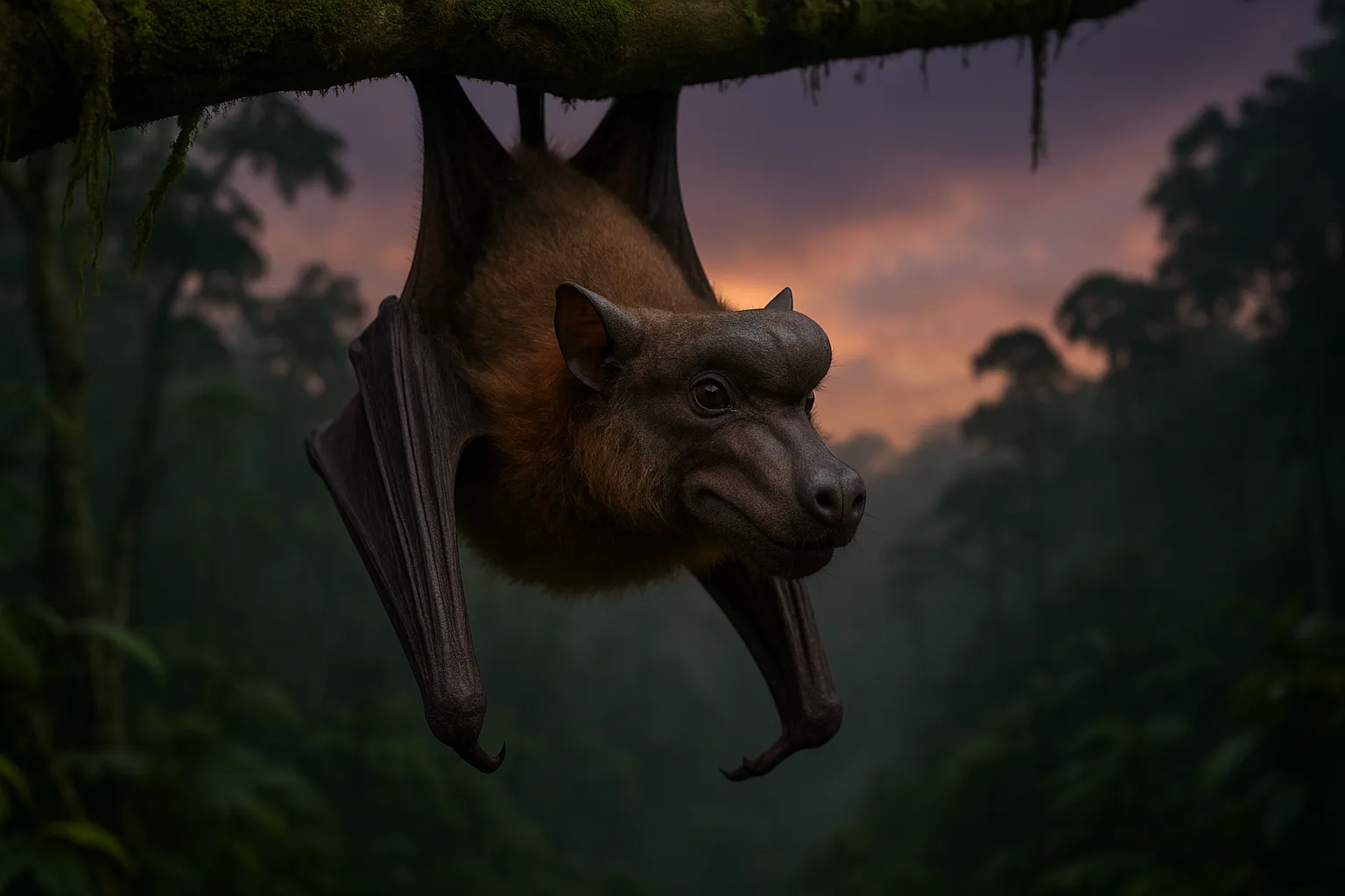 Hammer-headed bat hanging in African rainforest at sunset