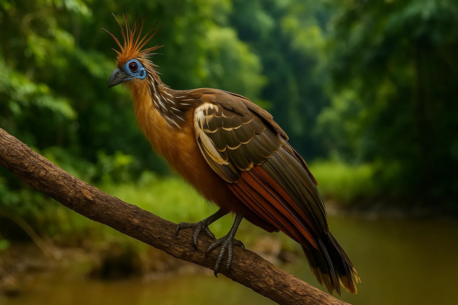 Hoatzin bird perched on a branch in Amazon rainforest