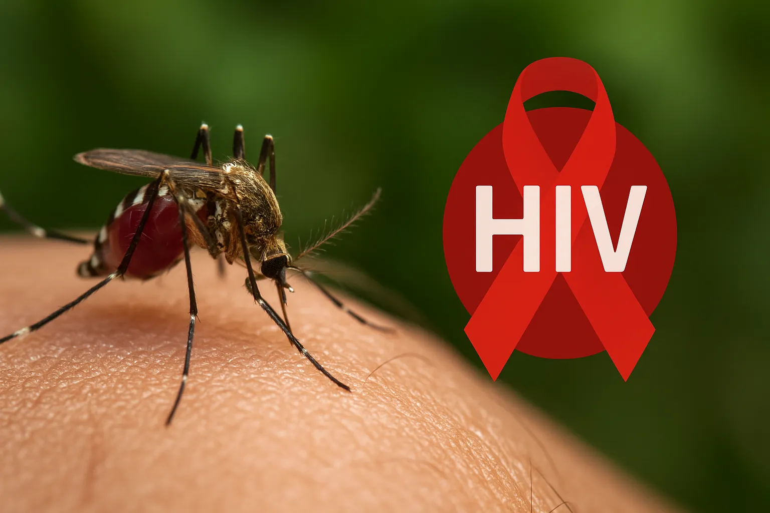 मादा मच्छर की क्लोज़अप इमेज जिसमें HIV वायरस का साइंबॉल शामिल है