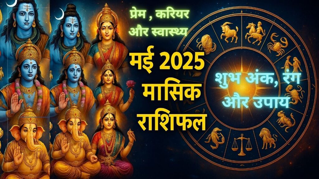 मई 2025 का मासिक राशिफल थंबनेल जिसमें भारतीय देवी-देवता और राशि चक्र दर्शाए गए हैं