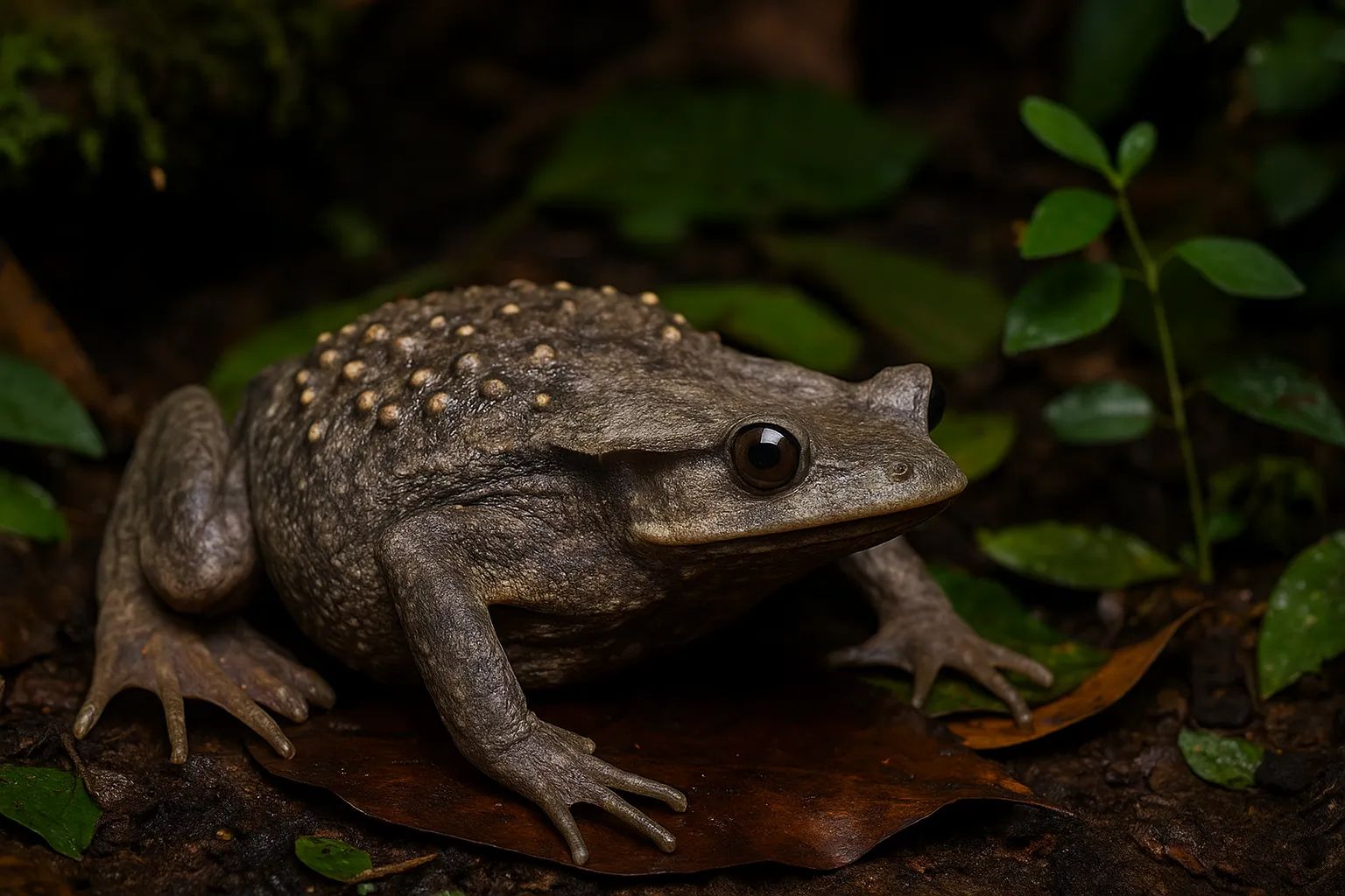 Surinam Toad giving birth from its back in a tropical rainforest