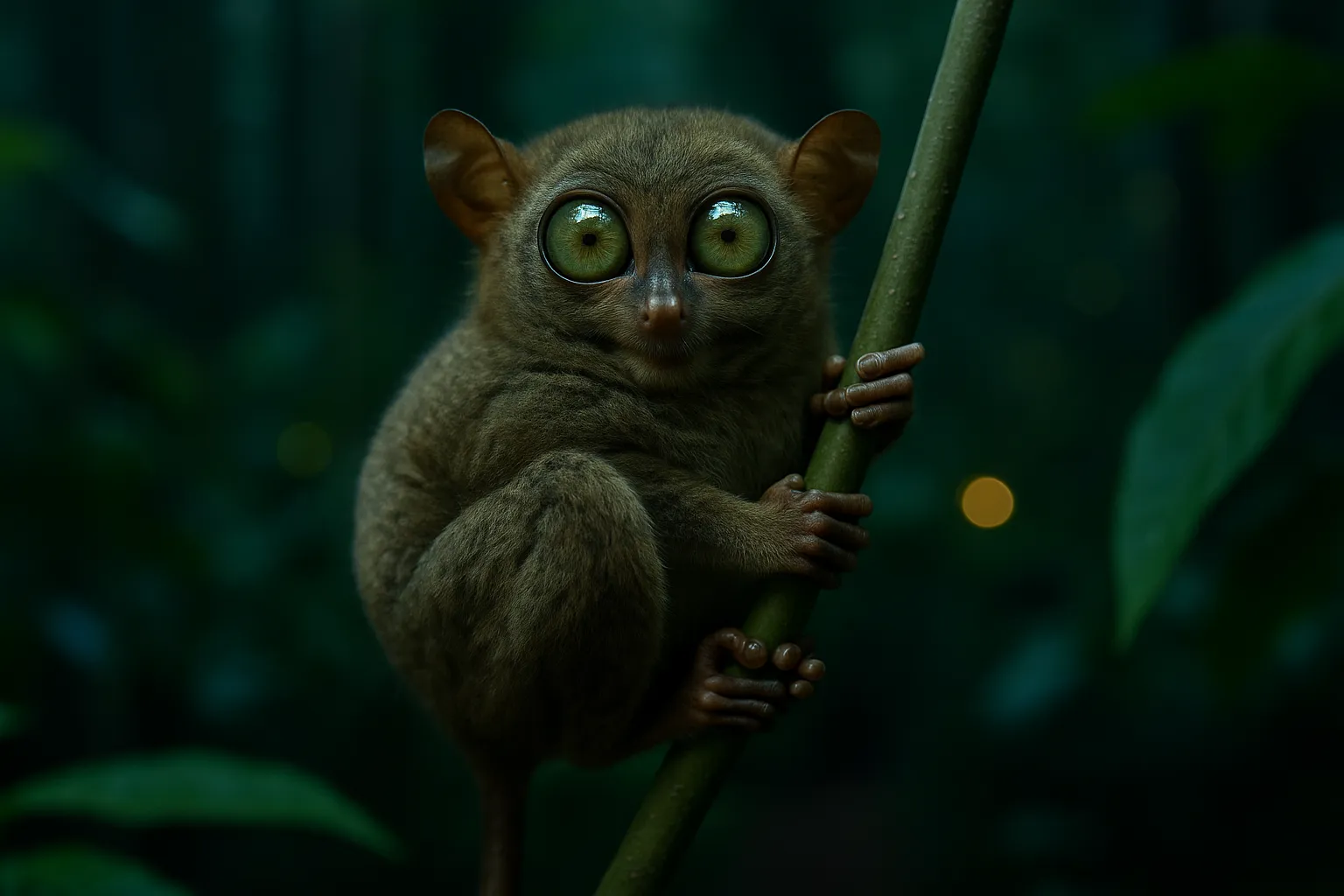 A wide-eyed Tarsier monkey perched on a tree branch in a Southeast Asian rainforest