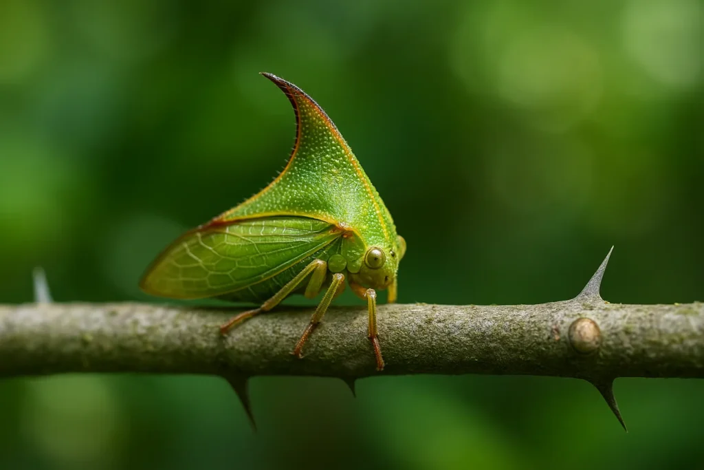 A thorn bug sitting motionless on a green branch, mimicking a natural plant thorn