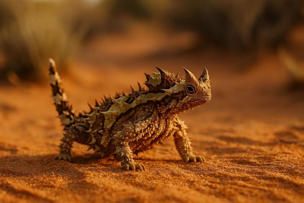 A Thorny Dragon lizard standing on red desert sand in Australia