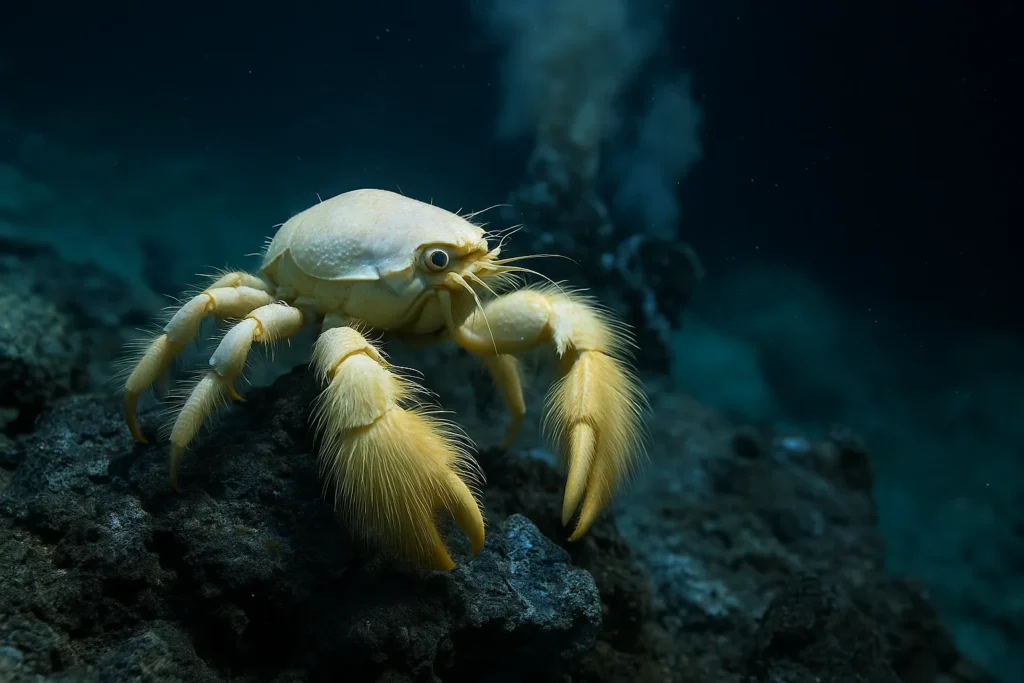 A Yeti Crab with white, hairy claws near a hydrothermal vent on the ocean floor
