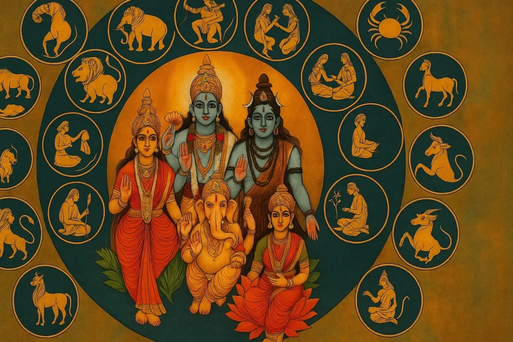 4 जून 2025 राशिफल थंबनेल – भारतीय देवी-देवताओं और 12 राशियों के चिन्हों के साथ