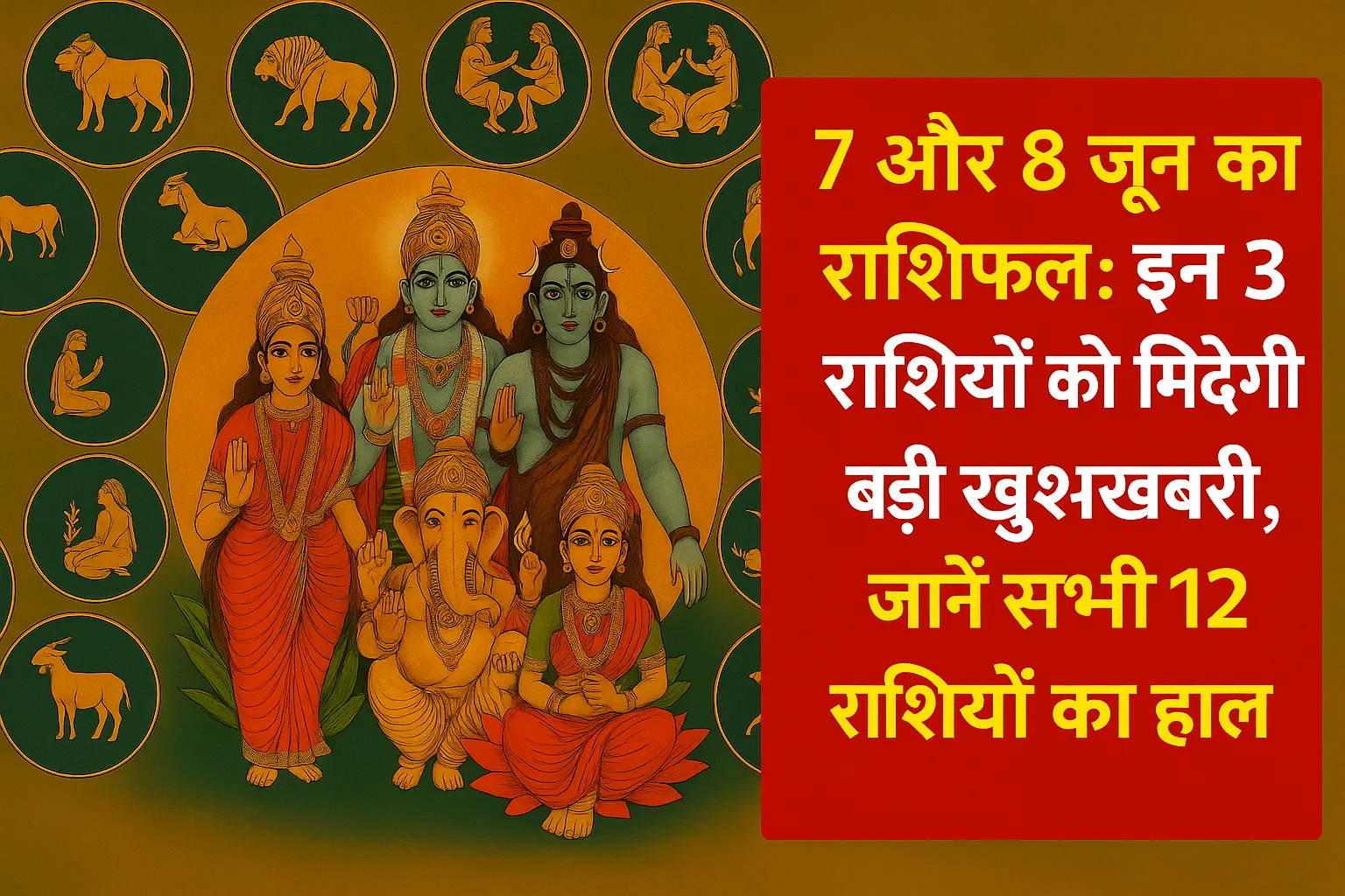 7 और 8 जून 2025 राशिफल थंबनेल – भगवान शिव परिवार और 12 राशियों के प्रतीकों सहित
