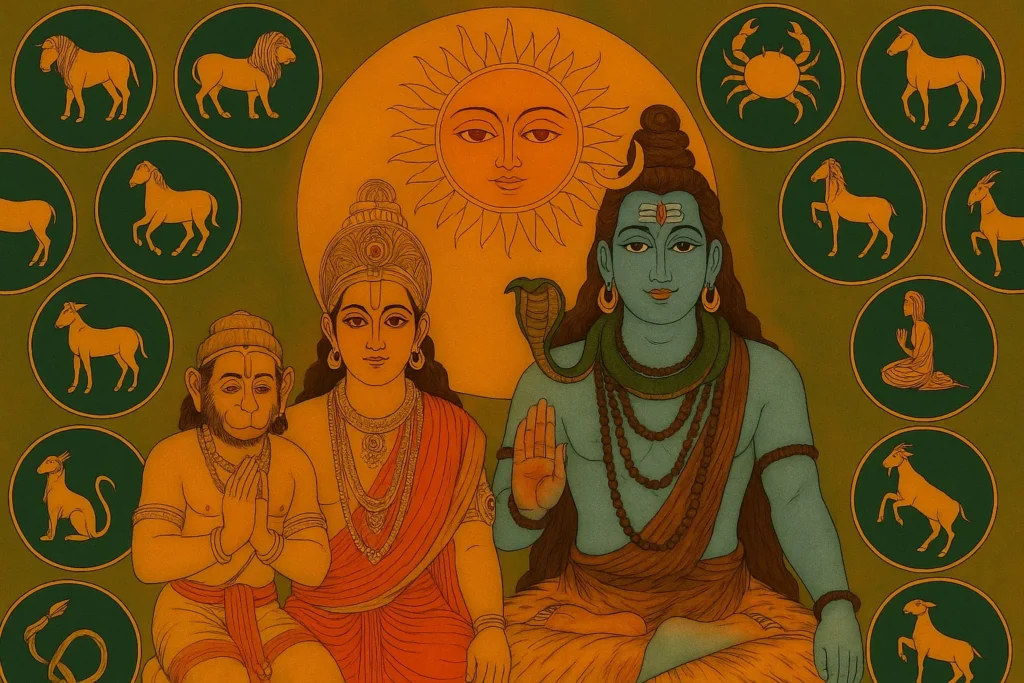 9 और 10 जून 2025 राशिफल थंबनेल – भगवान शिव, माता पार्वती, हनुमान जी और सूर्य देव के साथ
