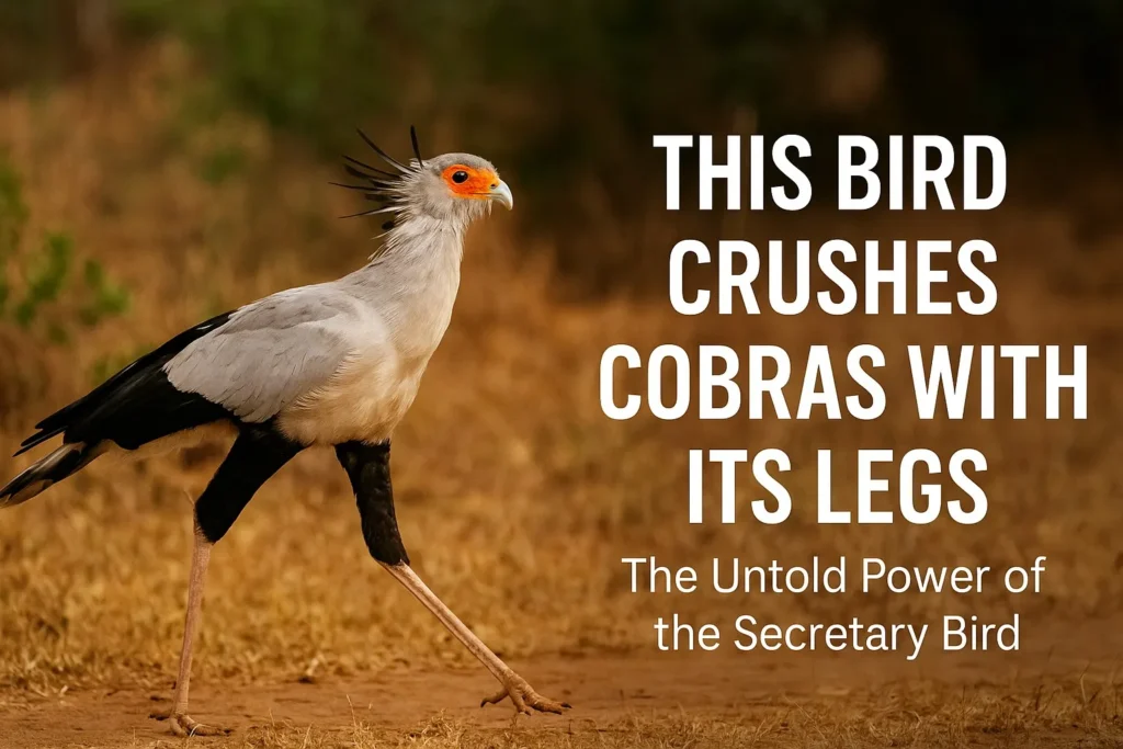 Secretary bird walking with text: This bird crushes cobras with its legs