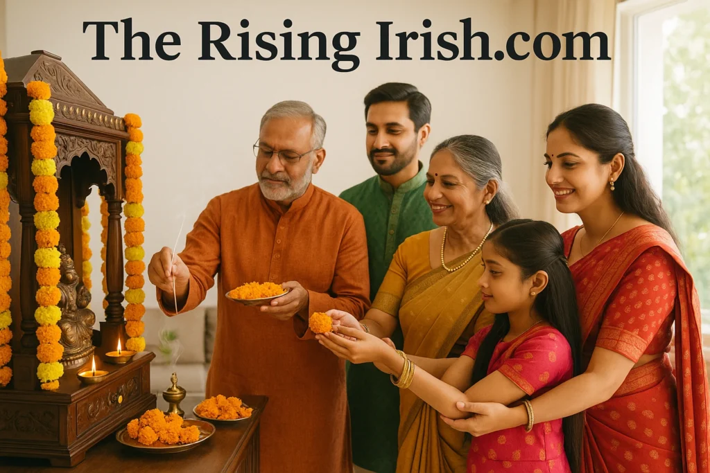 भारतीय परिवार द्वारा घर में पूजा और आशीर्वाद