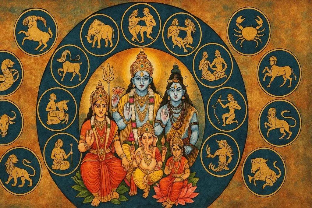 जून 2025 मासिक राशिफल का प्रतीकात्मक चित्र जिसमें भारतीय देवी-देवताओं और बारह राशियों को दर्शाया गया है।