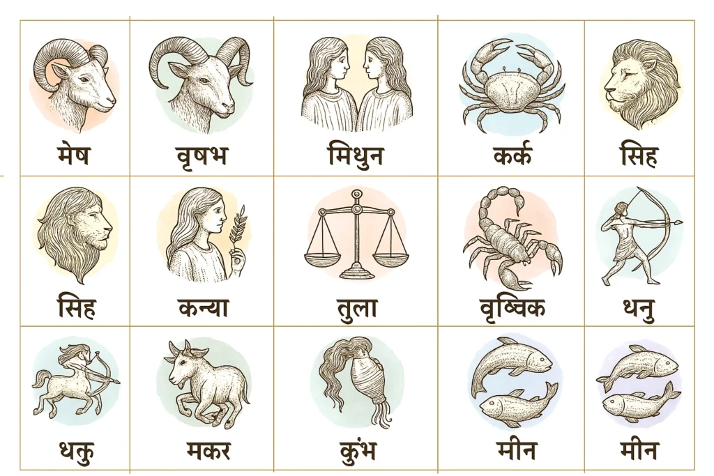 12 राशियों का सिंबल ग्रिड, नाम और आइकॉन सहित