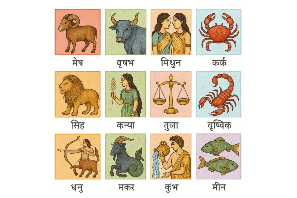 भारतीय 12 राशियों का ग्रिड, नाम और प्रतीक सहित