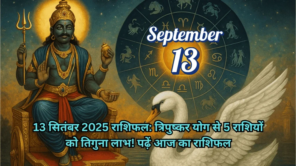 13 सितंबर 2025 राशिफल का थंबनेल, जिसमें शनि देव राशि चक्र के साथ विराजमान हैं। इमेज पर लिखा है: त्रिपुष्कर योग से 5 राशियों को तिगुना लाभ।